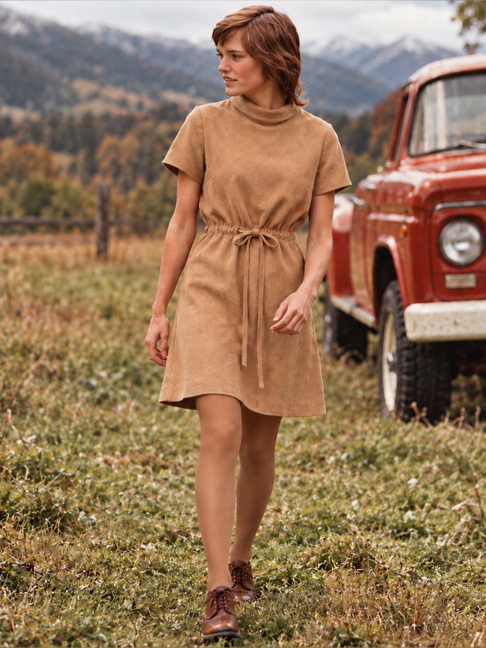 Vintage 70s The Villager Dress Size 14 Tan Prairie Retro Minimalist Mod